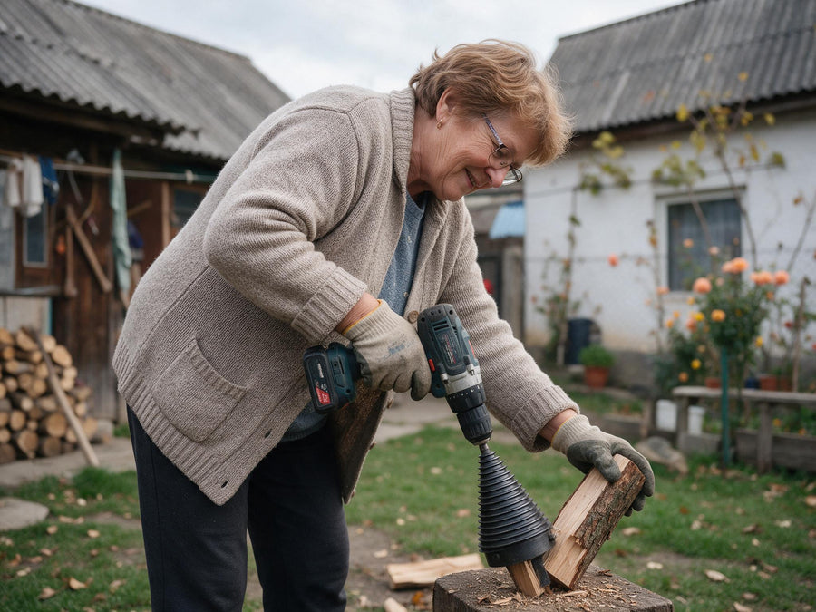 Femeie in varsta care crapa lemne fara efort cu bormasina si WOODSPLITTER