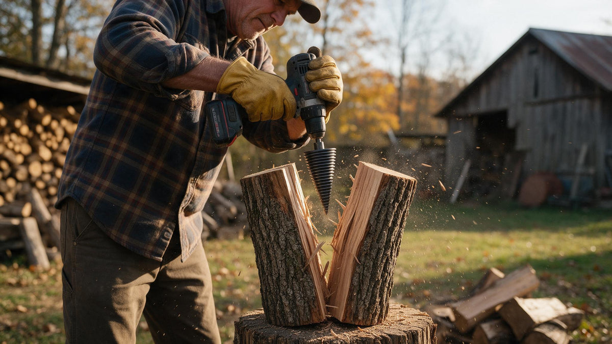 Barbat care crapa un bustean de stejar cu bormasina si conul WOODSPLITTER