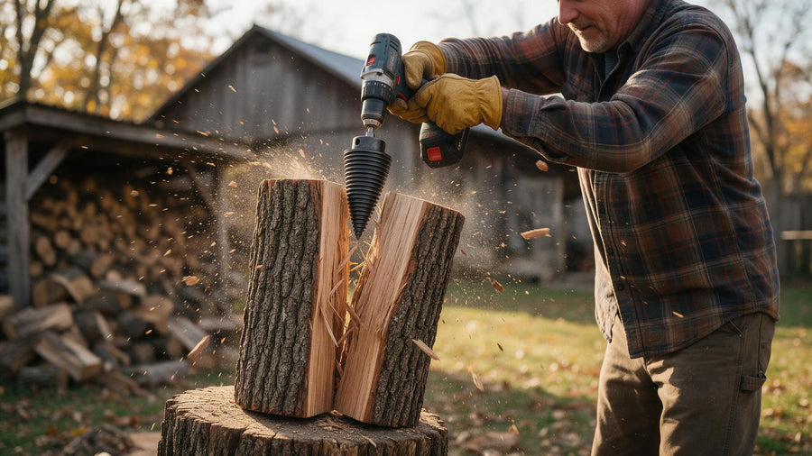Barbat care crapa un bustean cu bormasina si conul WOODSPLITTER